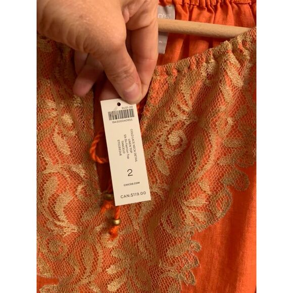 NWT Chico's Size 2 Large 12 Orange Linen Peasant Top Gold Lace Trim Tunic Boho - Picture 2 of 4